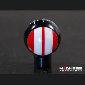 MINI Cooper Gear Shift Knob - Black Housing - Red w/ White Racing Stripes Design