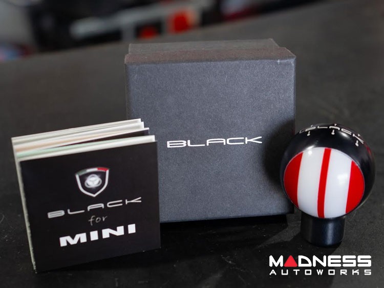 MINI Cooper Gear Shift Knob - Black Housing - Red w/ White Racing Stripes Design