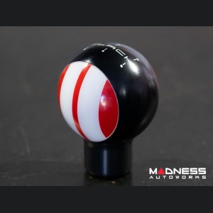 MINI Cooper Gear Shift Knob - Black Housing - Red w/ White Racing Stripes Design