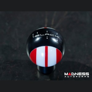 MINI Cooper Gear Shift Knob - Black Housing - Red w/ White Racing Stripes Design