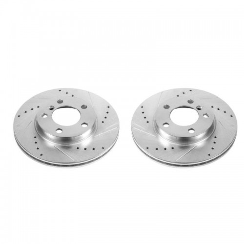 Mini Cooper Countryman Brake Rotors (2) - Front - PowerStop - Drilled & Slotted Zinc Plated - Silver - `11-`16