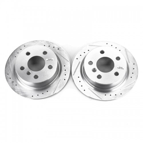 Mini Cooper Brake Rotors (2) - Rear - PowerStop - Evolution Drilled & Slotted Zinc Plated - Silver - `14-`19