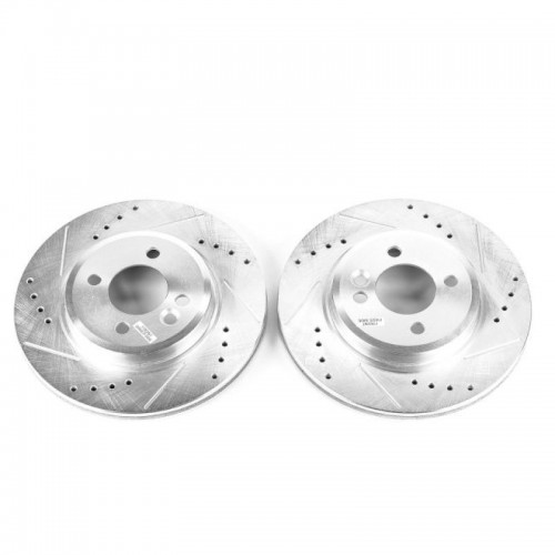 Mini Cooper Brake Rotors (2) - Front - PowerStop - Evolution Drilled & Slotted - Silver - `02-`07