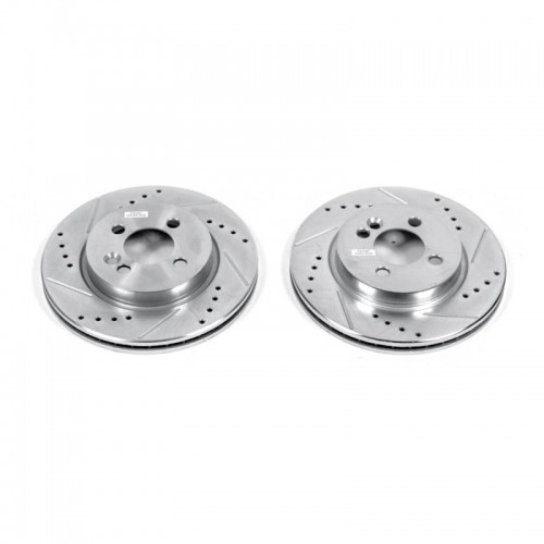 Mini Cooper Brake Rotors (2) - Front - PowerStop - Evolution Drilled & Slotted - Silver - `07-`09