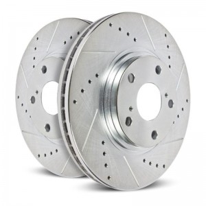 Mini Cooper Brake Rotors (2) - Front - PowerStop - Drilled & Slotted Zinc Plated - Silver - `07-`16