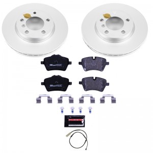 Mini Cooper Countryman Brake Kit - Front - PowerStop - Genuine Geomet Coated Rotors + ECE-R90 Certified Pads + Hardware Kit - `11-`16