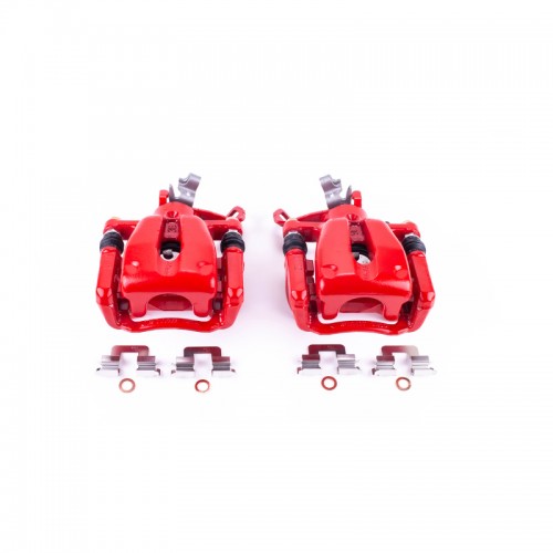 Mini Cooper Brake Calipers - Rear - PowerStop - High-Temp Red Powder Coated, Floating Manual Parking Brake Caliper with Bracket - Red - `07-`10