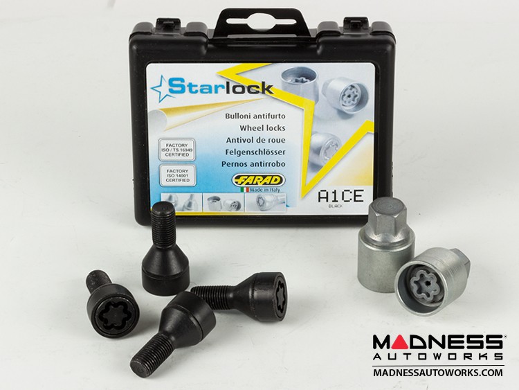 MINI Cooper Lug Bolt and Lock Set by Farad - Set of 16 - M14x1.25 - 60° Cone Seat - Black (R55/ R56/ R57/ R58/ R59 Models)