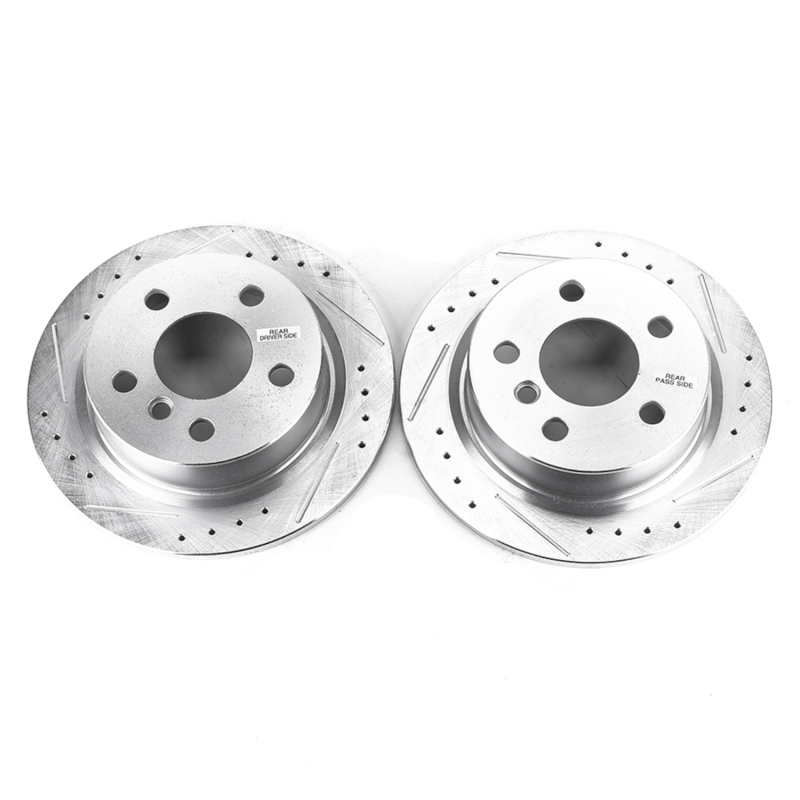 Mini Cooper Brake Rotors (2) - Rear - PowerStop - Evolution Drilled & Slotted Zinc Plated - Silver - `14-`19