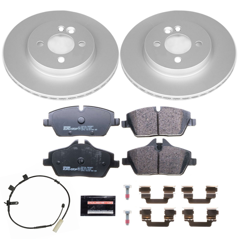 Mini Cooper Brake Kit - Front - PowerStop - Genuine Geomet Coated Rotors + ECE-R90 Brake Pads + Hardware Kit - `11-`15