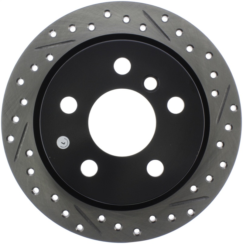 Mini Cooper Brake Rotor (1) - Rear Left - Stoptech - Drilled/Slotted Sport Rotor - Black E-Coated - `14-`15